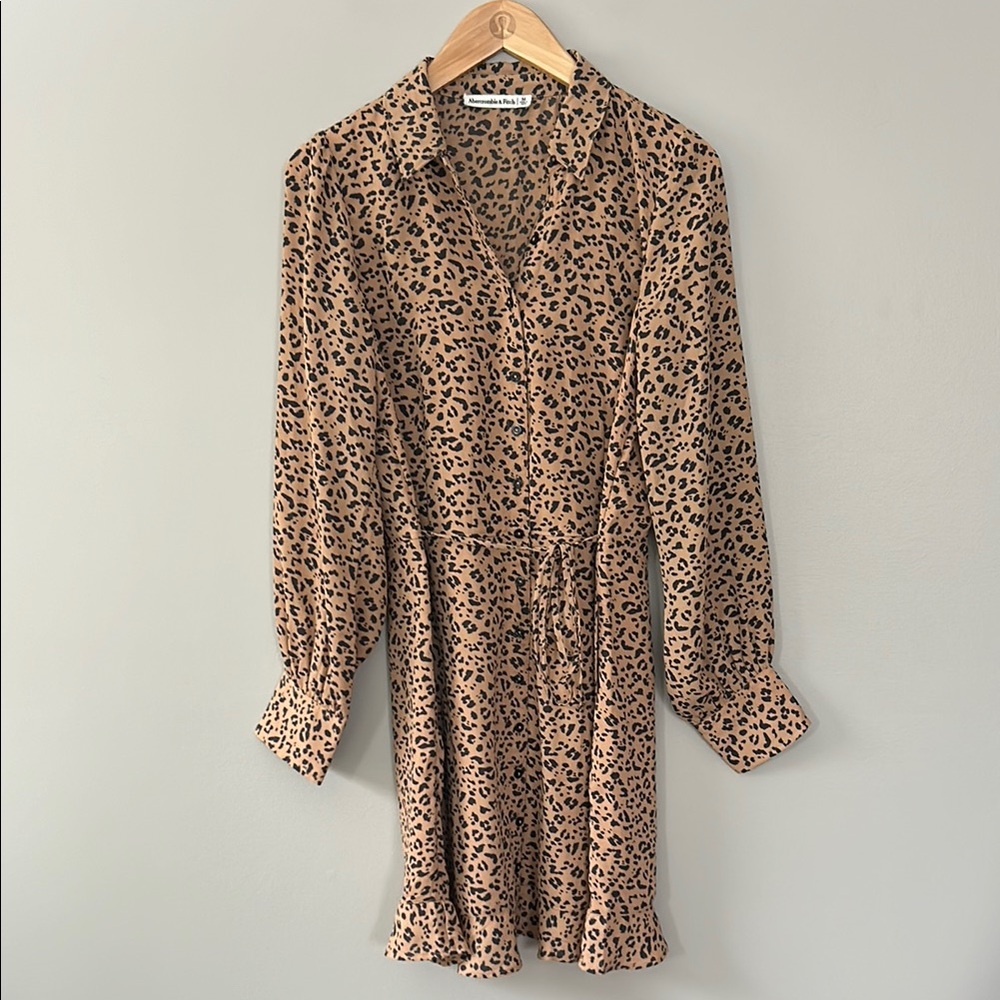 Abercrombie‎ & Fitch Leopard Print Button-Up Dress Tie Waist Ruffle Hem Size M